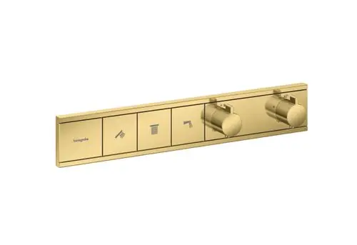 Thermostat von Hansgrohe in Goldoptik, ausgestattet mit mehreren Bedienelementen für die Regulierung von Temperatur und Wasserfluss für verschiedene Verbraucher.